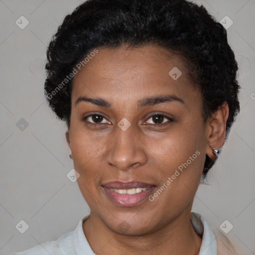 Joyful latino young-adult female with short  brown hair and brown eyes