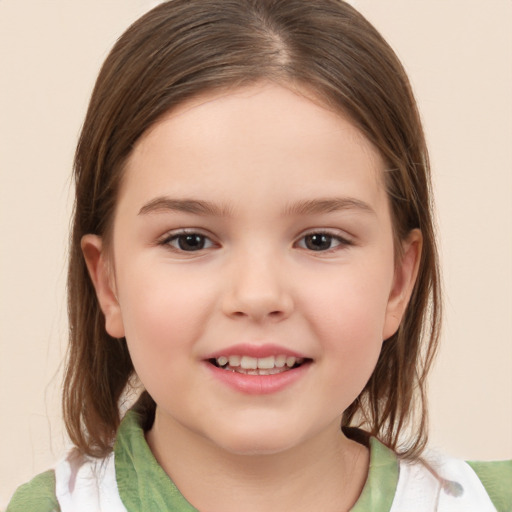 Joyful white child female with medium  brown hair and brown eyes