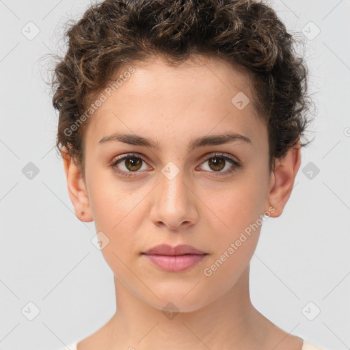 Neutral white young-adult female with short  brown hair and brown eyes