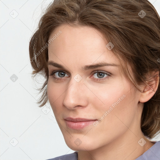 Neutral white young-adult female with medium  brown hair and grey eyes