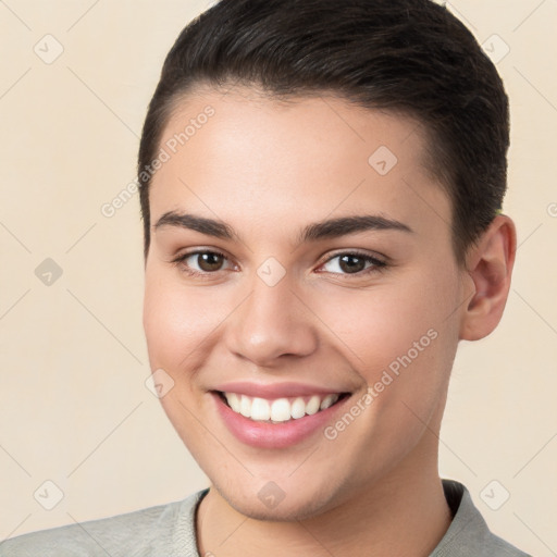 Joyful white young-adult female with short  brown hair and brown eyes