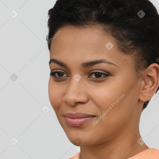 Joyful latino young-adult female with short  black hair and brown eyes