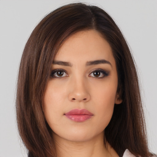 Neutral asian young-adult female with long  brown hair and brown eyes