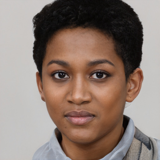 Neutral black young-adult female with short  black hair and brown eyes