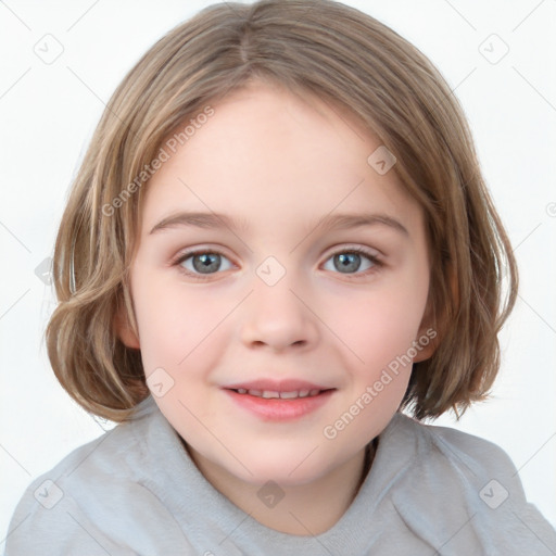 Joyful white child female with medium  brown hair and blue eyes