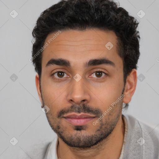 Neutral latino young-adult male with short  black hair and brown eyes