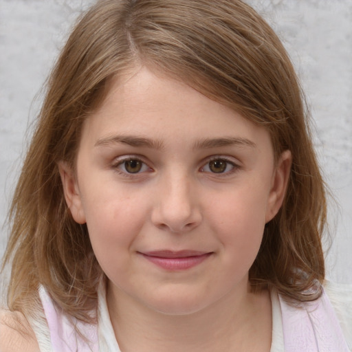 Joyful white child female with medium  brown hair and brown eyes