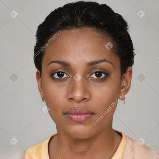 Neutral black young-adult female with short  black hair and brown eyes