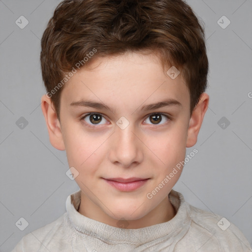 Joyful white child male with short  brown hair and brown eyes