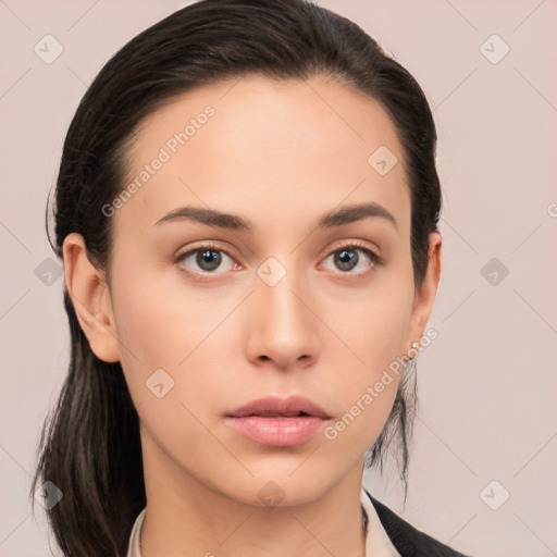 Neutral white young-adult female with medium  brown hair and brown eyes