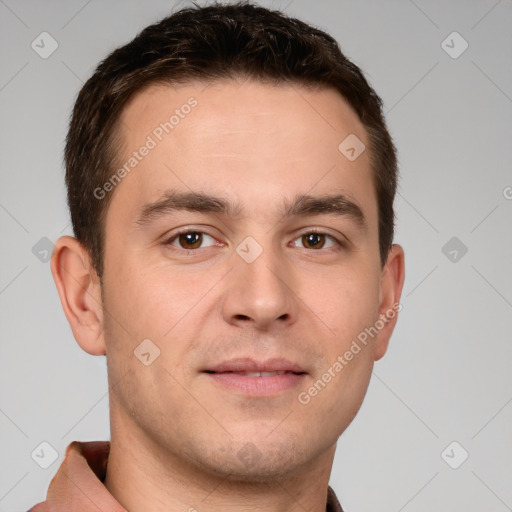 Neutral white young-adult male with short  brown hair and brown eyes