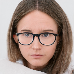 Neutral white young-adult female with long  brown hair and blue eyes