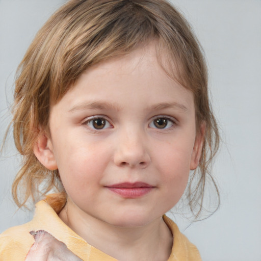 Neutral white child female with medium  brown hair and grey eyes