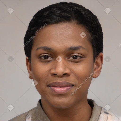 Joyful latino young-adult female with short  black hair and brown eyes