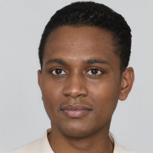Neutral black young-adult male with short  black hair and brown eyes