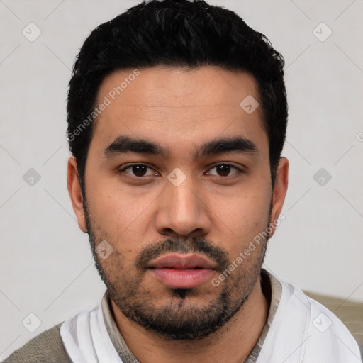 Neutral latino young-adult male with short  black hair and brown eyes