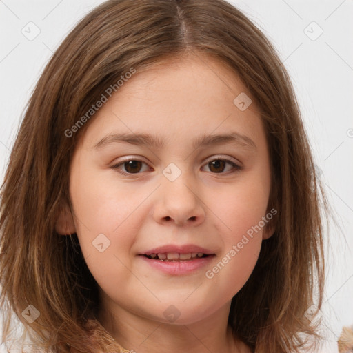 Joyful white child female with medium  brown hair and brown eyes