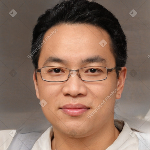 Joyful white young-adult male with short  black hair and brown eyes