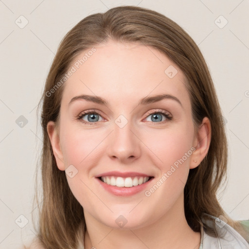 Joyful white young-adult female with medium  brown hair and blue eyes