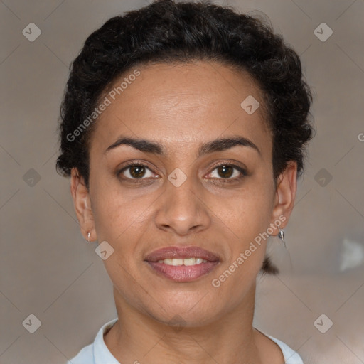 Joyful latino young-adult female with short  brown hair and brown eyes