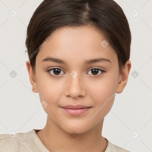 Joyful white child female with short  brown hair and brown eyes