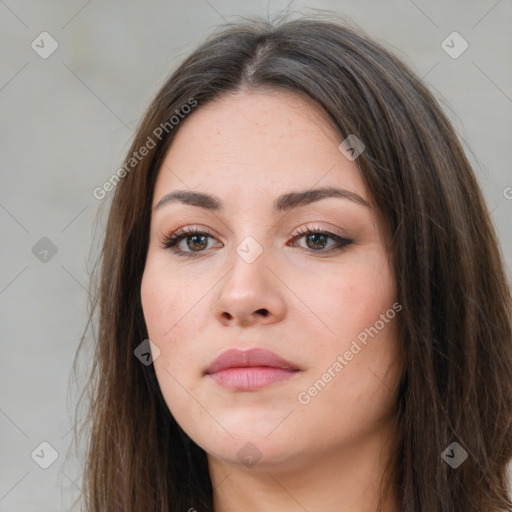 Neutral white young-adult female with long  brown hair and brown eyes