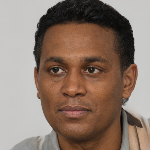 Neutral black adult male with short  black hair and brown eyes