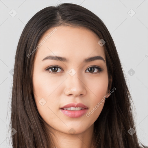 Neutral white young-adult female with long  brown hair and brown eyes