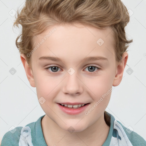 Joyful white child female with short  brown hair and grey eyes