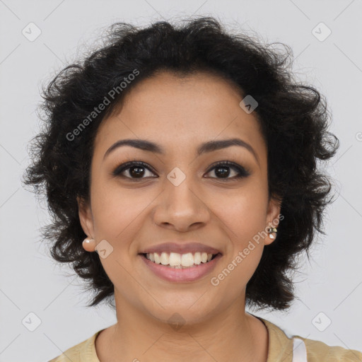 Joyful asian young-adult female with long  brown hair and brown eyes