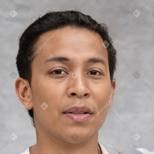 Joyful latino young-adult male with short  brown hair and brown eyes