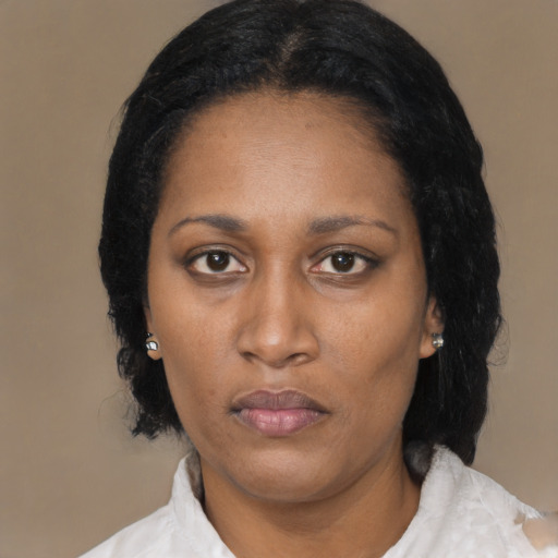 Neutral black young-adult female with medium  black hair and brown eyes