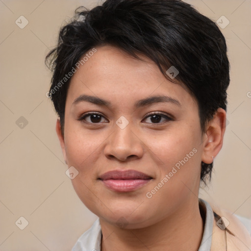 Joyful asian young-adult female with medium  brown hair and brown eyes