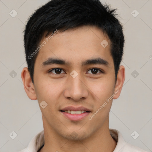 Joyful asian young-adult male with short  black hair and brown eyes