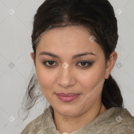 Joyful latino young-adult female with medium  brown hair and brown eyes