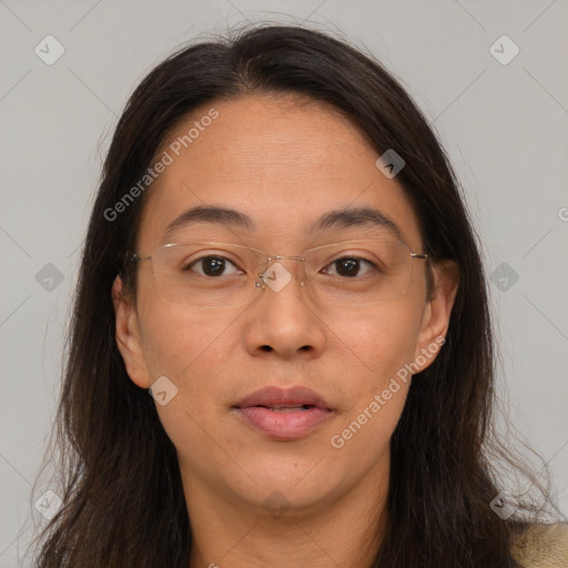 Neutral white young-adult female with long  brown hair and brown eyes