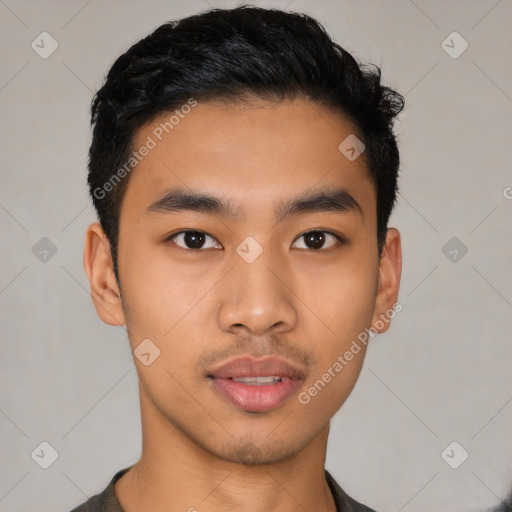 Neutral asian young-adult male with short  black hair and brown eyes