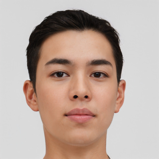 Neutral asian young-adult male with short  brown hair and brown eyes