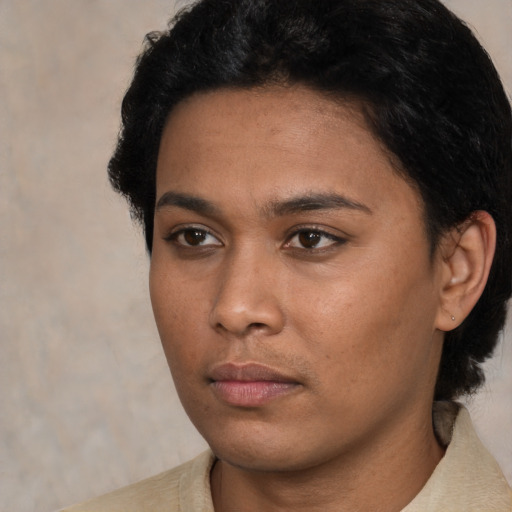 Neutral latino young-adult female with short  black hair and brown eyes