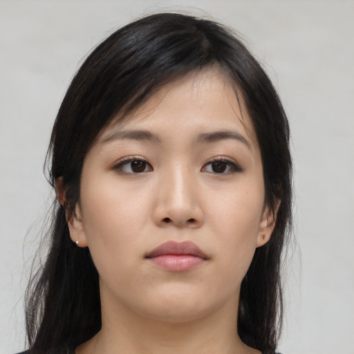 Neutral asian young-adult female with long  black hair and brown eyes
