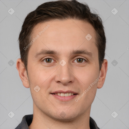 Joyful white young-adult male with short  brown hair and brown eyes