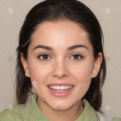 Joyful white young-adult female with medium  brown hair and brown eyes