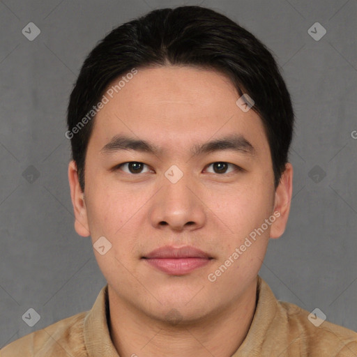 Neutral asian young-adult male with short  brown hair and brown eyes