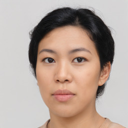 Neutral asian young-adult female with short  brown hair and brown eyes