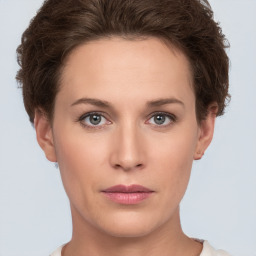 Neutral white young-adult female with short  brown hair and brown eyes