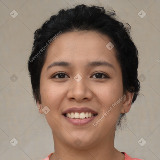 Joyful asian young-adult female with short  brown hair and brown eyes