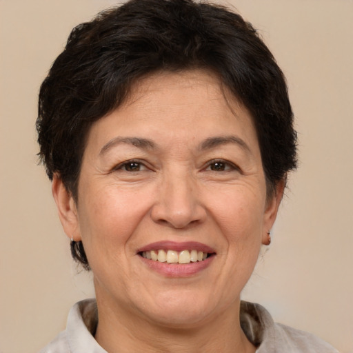 Joyful white adult female with short  brown hair and brown eyes
