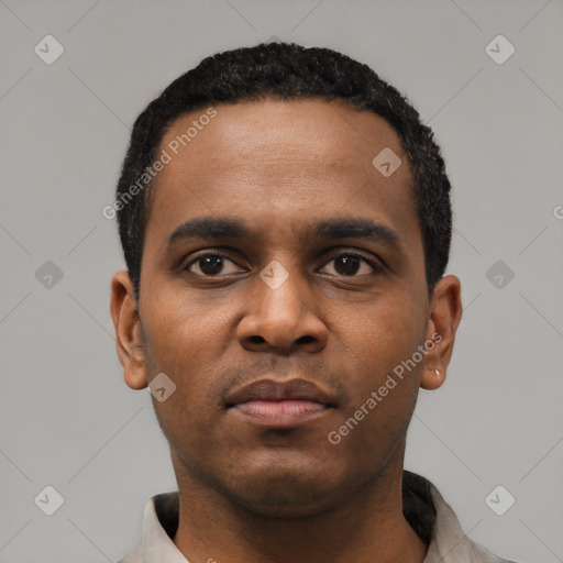 Neutral black young-adult male with short  black hair and brown eyes