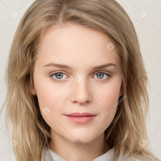 Neutral white young-adult female with medium  brown hair and grey eyes