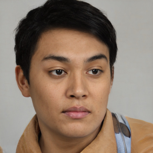 Neutral asian young-adult male with short  brown hair and brown eyes